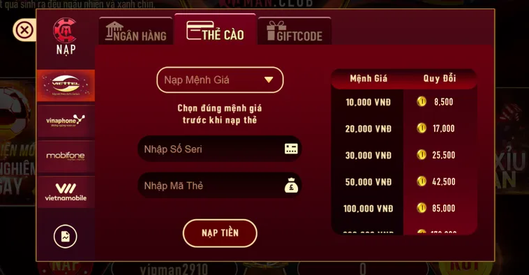 Hướng Dẫn Cách Nạp Tiền Bằng Thẻ Cào Tại ManClub Nhanh Chóng An Toàn Cho Mọi Game Thủ
